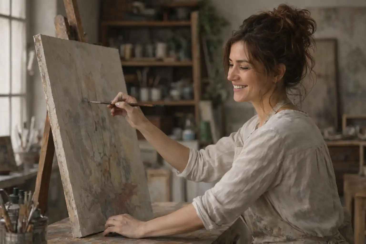 Artist painting at an easel in a warm studio — The Studio Mentor